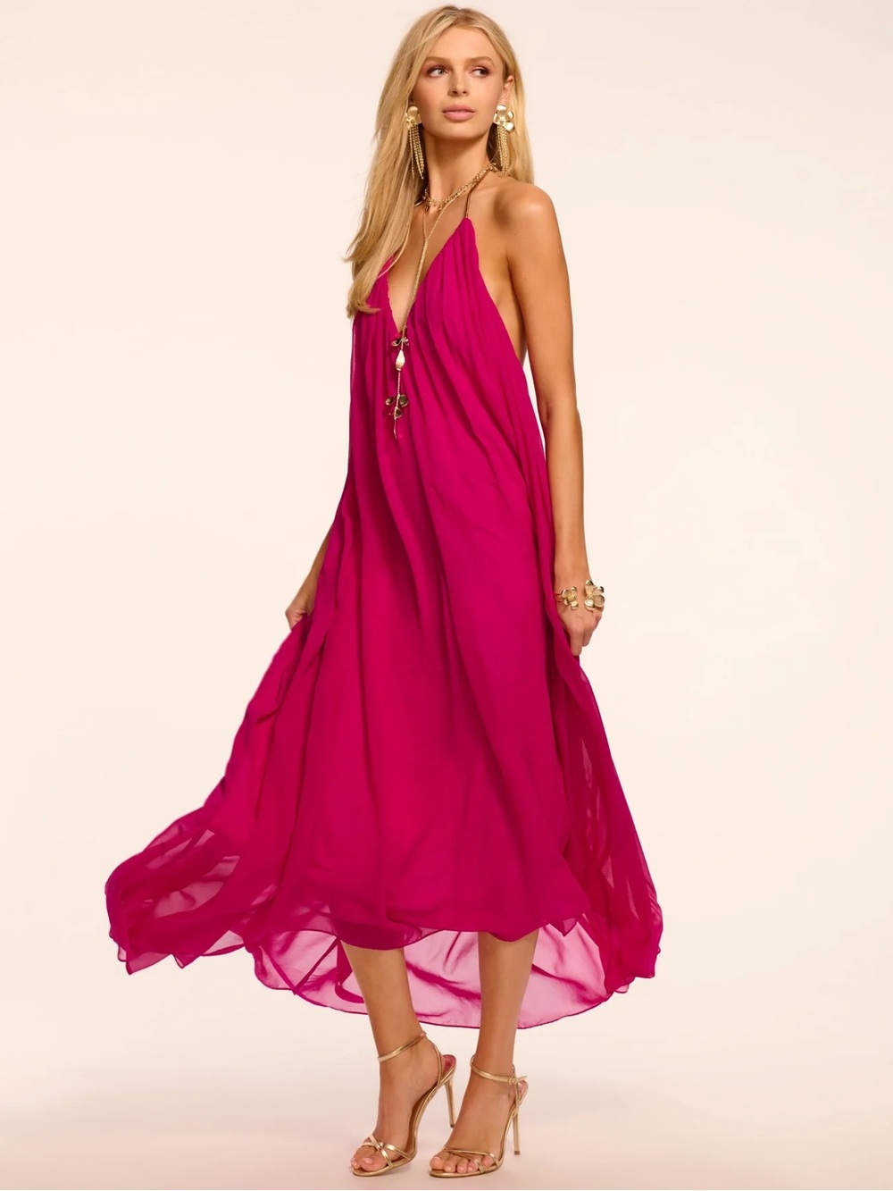 Ramy Brook Rainn Chiffon V-Neck Halter Gown